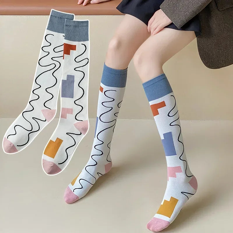 Socks Women's High Tube Calf Knee-length Socks Retro Illustration Art Abstract Street Autumn and Winter Cotton Socks High Sock