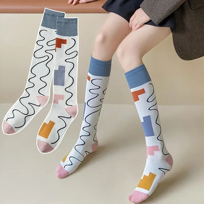 Socks Women's High Tube Calf Knee-length Socks Retro Illustration Art Abstract Street Autumn and Winter Cotton Socks High Sock