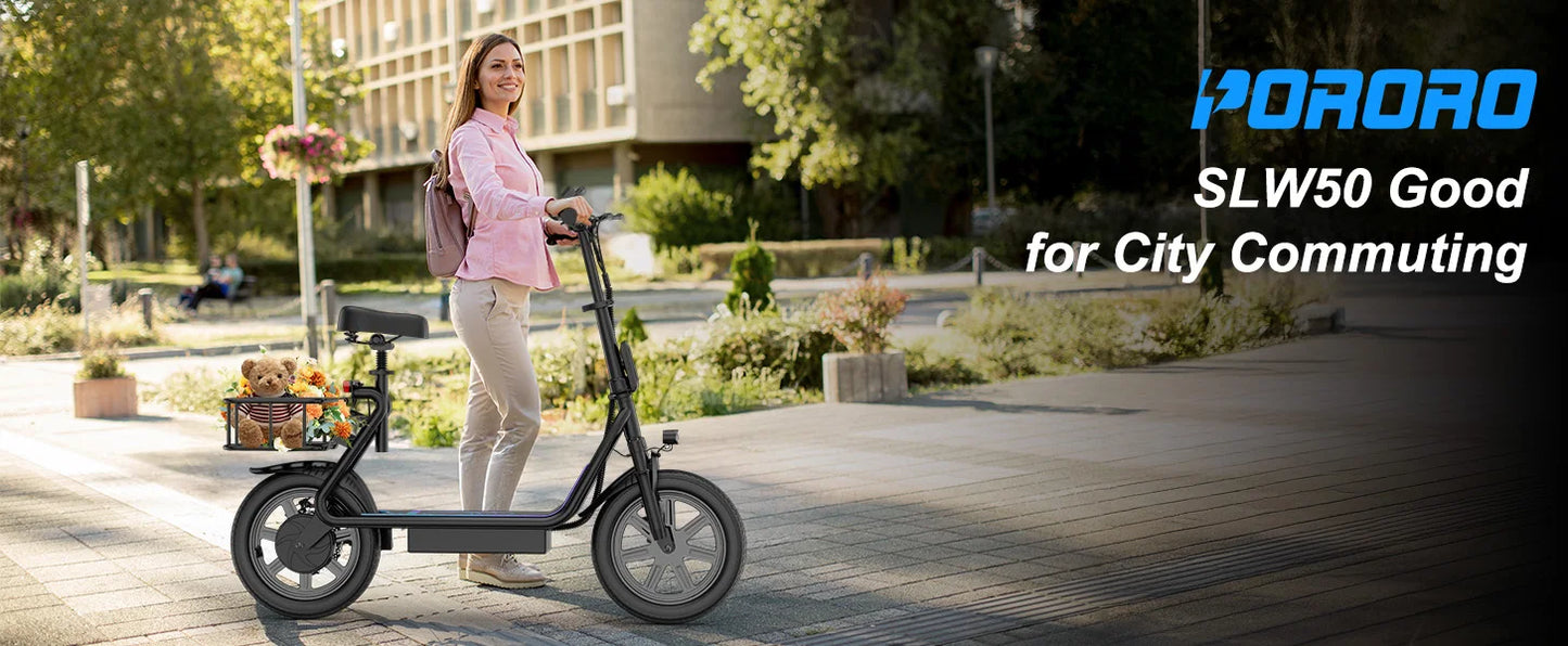 PORORO 14inch Electric Bicycle 10.5AH Battery 28Miles Max Range 22MPH Max Speed Shock Absorption Foldable E Scooter with Seat