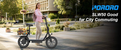 PORORO 14inch Electric Bicycle 10.5AH Battery 28Miles Max Range 22MPH Max Speed Shock Absorption Foldable E Scooter with Seat