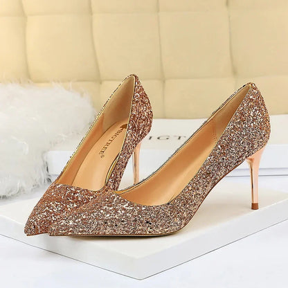 Women Luxury Bling Red  Blue Valentine Party Scarpins Pumps Lady Glitter Sequins 7cm 9.5cm High Heels Designer Shoes Plus Size
