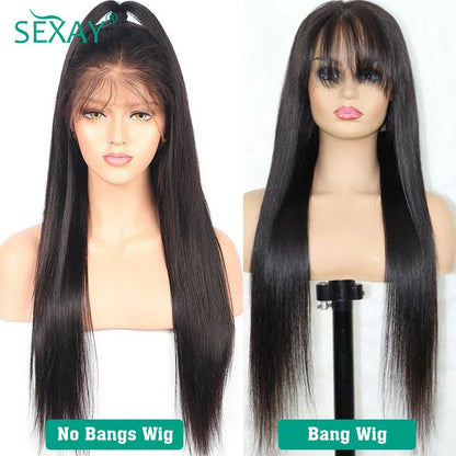 Natural Scalp Lace Front Wig With Bangs 180 Density Sexay Brazilian Straight Human Hair Bang Wigs Pre Plucked Lace Frontal Wigs