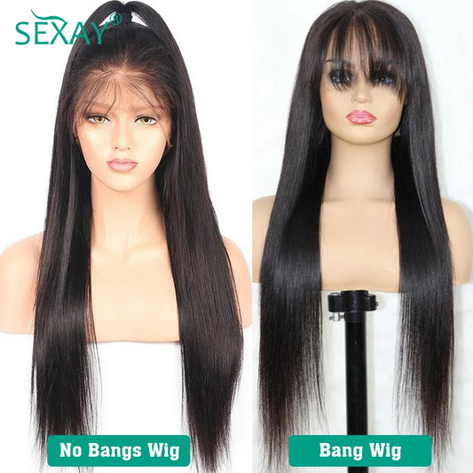 Natural Scalp Lace Front Wig With Bangs 180 Density Sexay Brazilian Straight Human Hair Bang Wigs Pre Plucked Lace Frontal Wigs