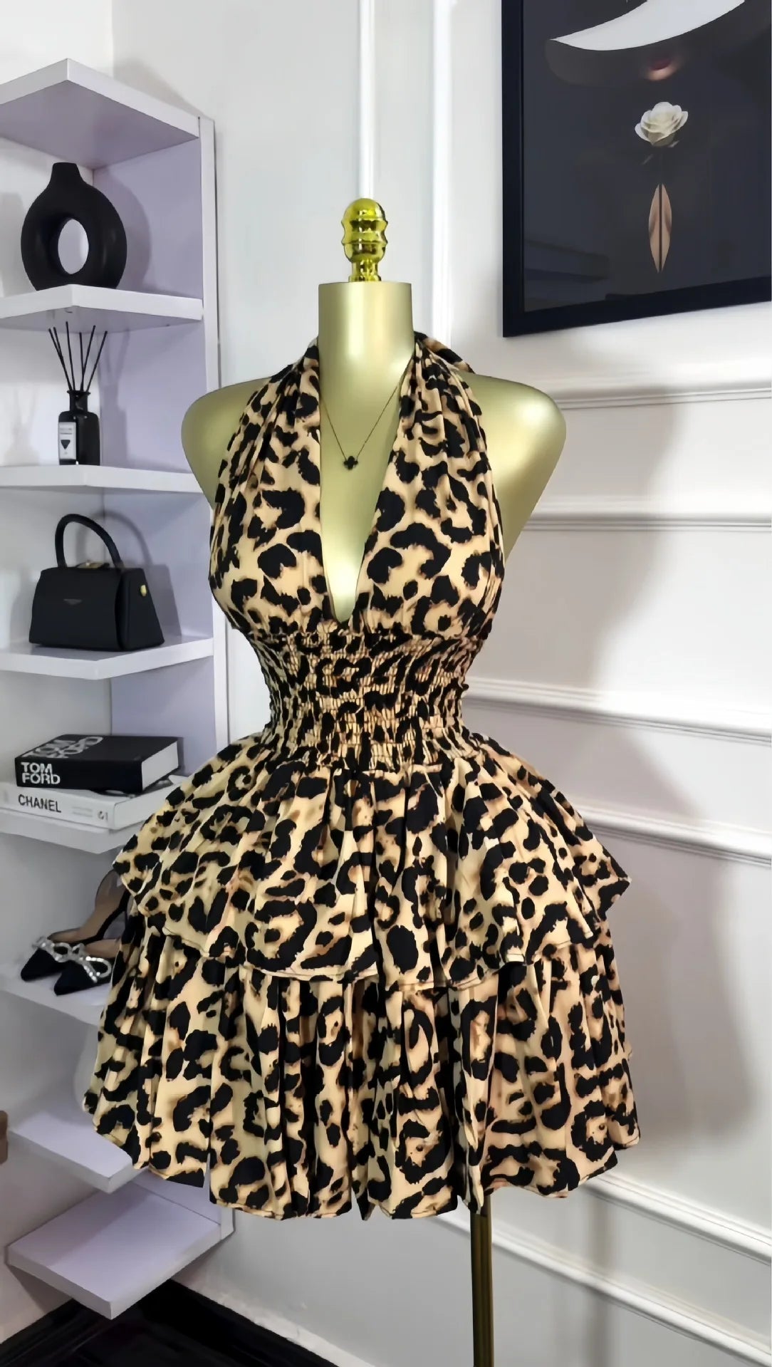 CM.YAYA Women Leopard Print Halter Neck Backless Cascading Ruffles Big Swing Ball Gown Mini Dress 2025 Sexy Club Party Dresses