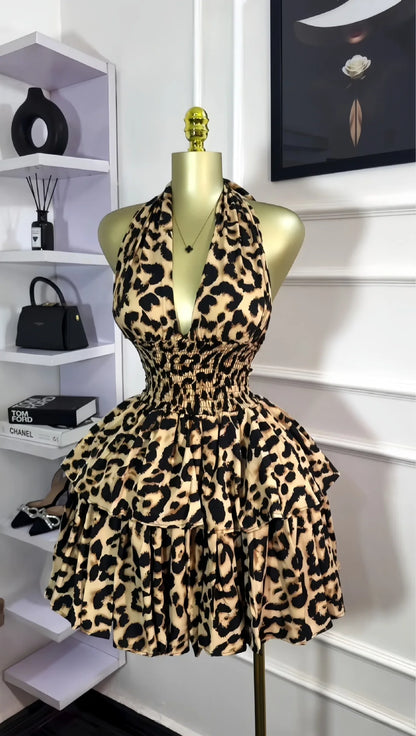 CM.YAYA Women Leopard Print Halter Neck Backless Cascading Ruffles Big Swing Ball Gown Mini Dress 2025 Sexy Club Party Dresses