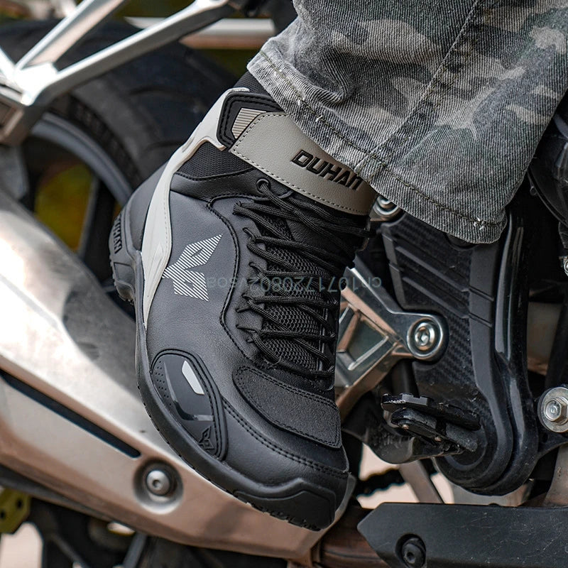 DUHAN  Motorcycle Boots Male Boots for Men Motocross Waterproof Anti Slip Fall Prevention Mid Top Leather Cycling Riding Shoes