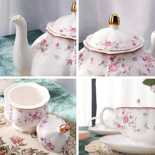 Vintage Porcelain Tea Set for Women, 6-Piece Tea Party Cup and Saucer Set, Floral Wedding Teapot Set for Adults, Pink Rose Desig