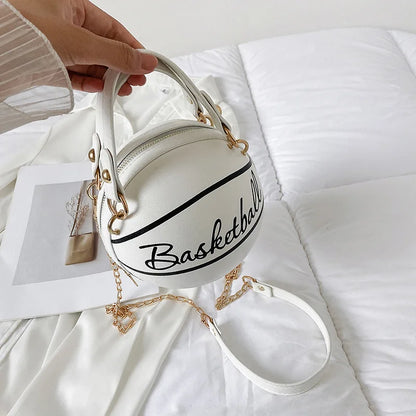 Basketball Shaped Crossbody Bag, Trendy Y2K Chain Shoulder Bag, PU Leather Top Handle Circle Purse Purses and Handbags Hand Bags