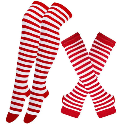 2Pair/Set Women Gothic Punk Over Knee Long Stripe Socks Girl Arm Sleeve Gloves Thigh High Cotton Socks Sweet Cute Christmas Gift