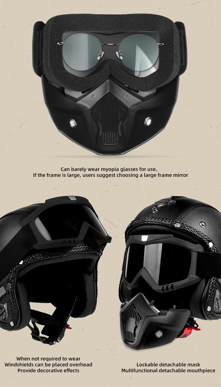 Retro motorcycle helmet, electric scooter 3/4 helmet, lightweight and breathable, suitable for all seasons