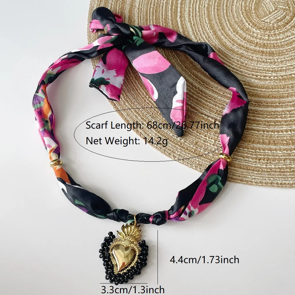 Women’s Fashion Scarf Necklace with Large Stainless Steel Heart Pendant Stackable Bandana Jewelry