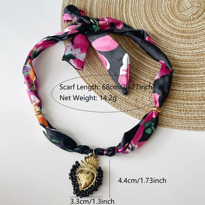 Women’s Fashion Scarf Necklace with Large Stainless Steel Heart Pendant Stackable Bandana Jewelry