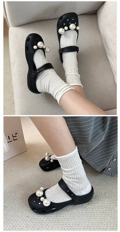 Clogs Summer Slippers Women Luxury Pearl Metal Flower Mary Janes Designer Ballet Shoes Girls Corc Charms Sandals Indoor Outdoor