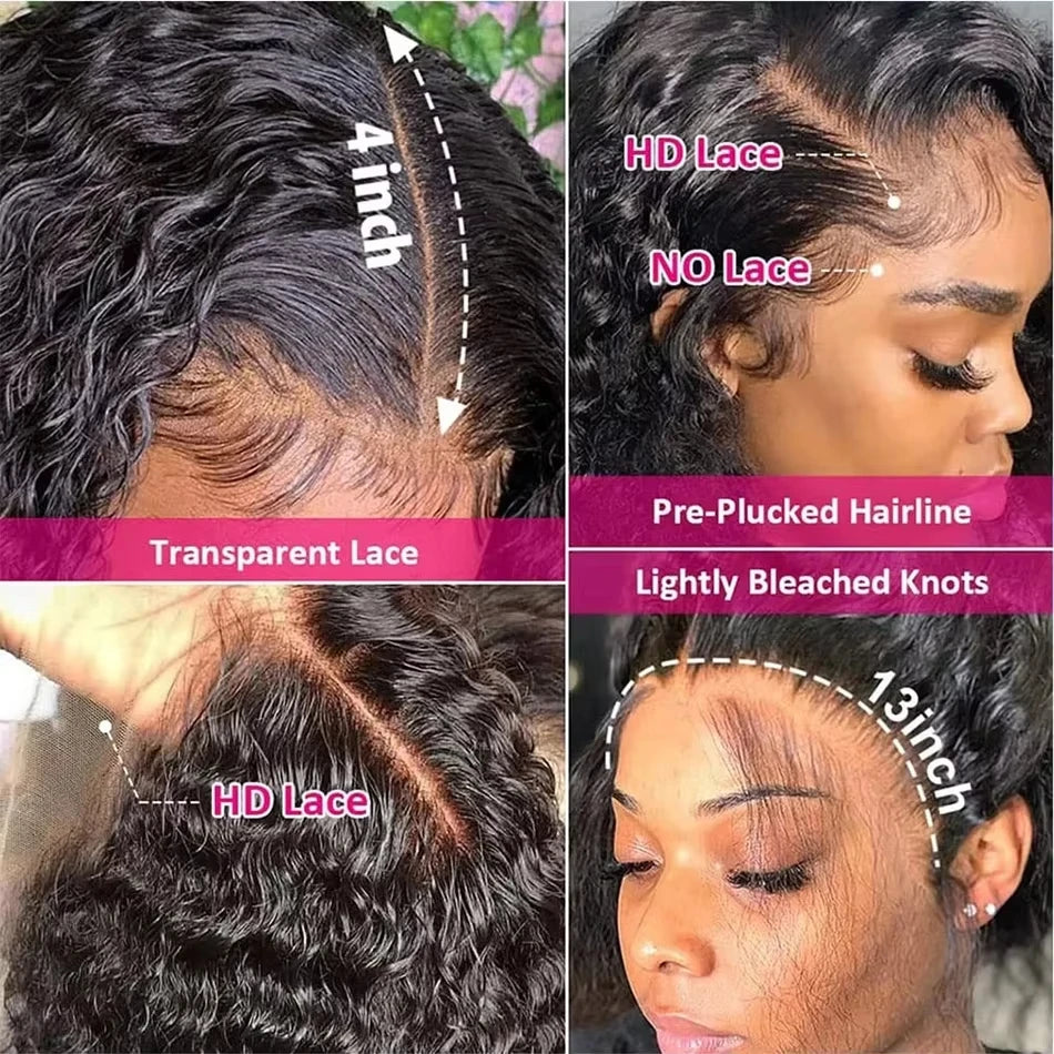 13X4 13X6 Water Wave Hd Transparent Lace Front Wigs Deep Wave Lace Frontal  Pre Plucked Curly 100% Human Hair Wigs 250 Density