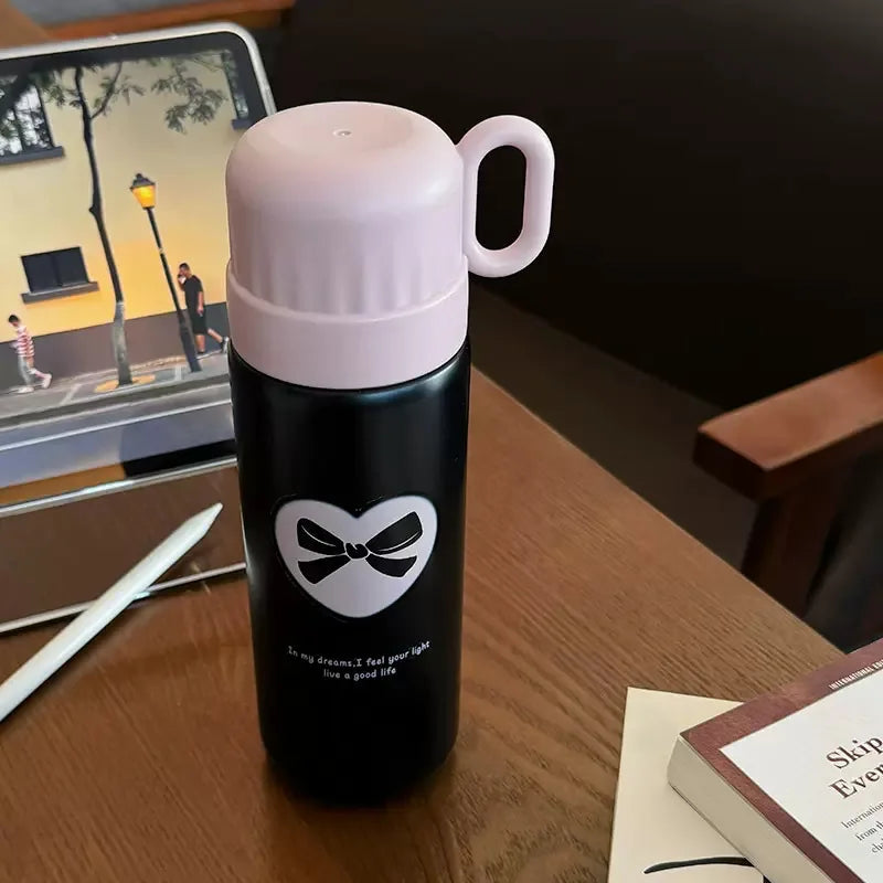 500ml Cartoon Stainless Steel Portable Thermos Cup,Cute Student Water Cup,Outdoor One Cover Dual-use Cup Vacuum Insulated Bottle