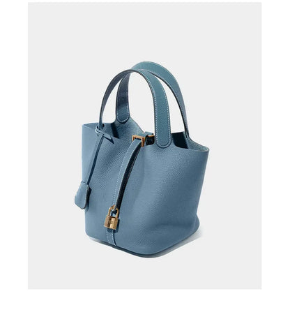 Genuine Leather Shoulder Bucket Bag Women Litchi Pattern Mini Basket Tote Soft Handbag Mommy Bride Wedding Bags with Lock