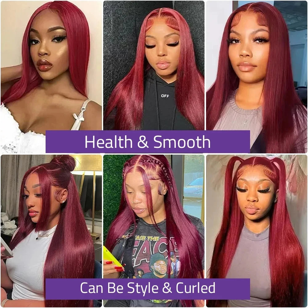 99J Red Burgundy Colored Lace Frontal Human Hair Wigs 13X6 HD  Straight Lace Front Wig250 Density Pre Plucked  Human Hair Wig