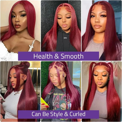 99J Red Burgundy Colored Lace Frontal Human Hair Wigs 13X6 HD  Straight Lace Front Wig250 Density Pre Plucked  Human Hair Wig