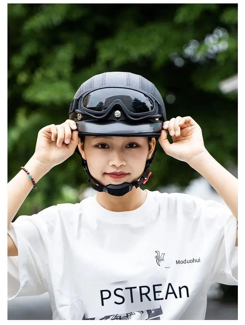 Retro Leather Half Helmet with Ear & Neck Protection - All-Season Cycling Safety Helmet