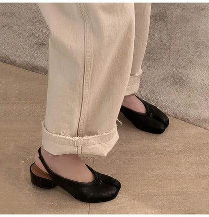 2025 Spring Summer Fashion Soft Leather Split Toe Women Pumps Casual Comfortable 3.5cm Low Heeled Slingbacks Tabi Ballet Shoes