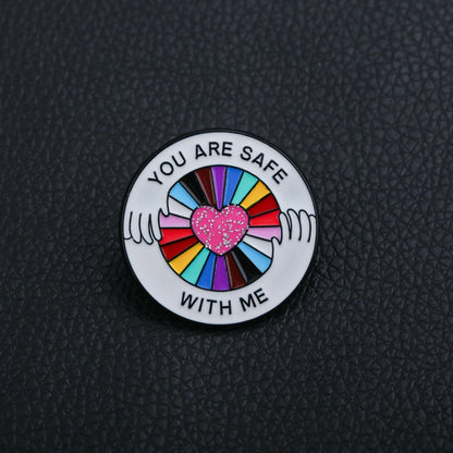 LGBTQ Rainbow Pride Enamel Pin You Are Safe With Me Hug Design Brooch Backpack Collar Accessory Gift for Friends