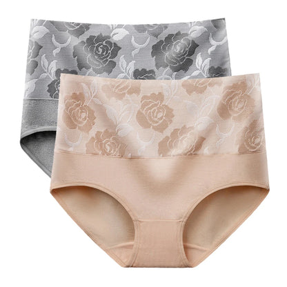 2Pcs Plus Size Women's Cotton Underwear High Waisted Tummy Control Panties Full Coverage Briefs Jacquard Ladies Panty Shaper