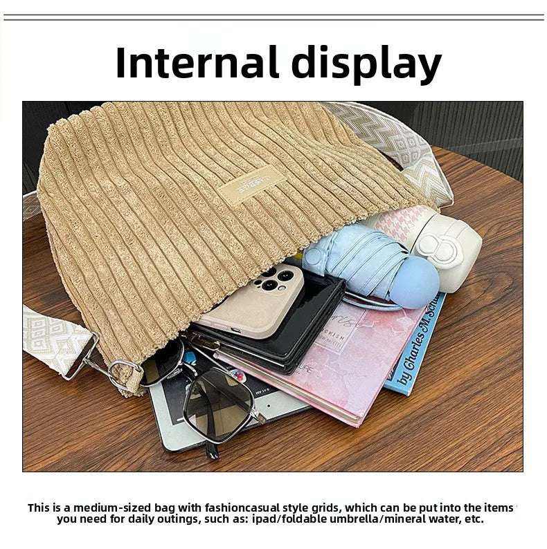 Solid Color Corduroy Messenger Bag Versatile Handbag Women Shoulder Crossbody Bags Casual Chic Bucket Women‘s Bag Bolsos Mujer