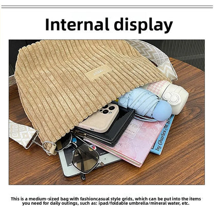 Solid Color Corduroy Messenger Bag Versatile Handbag Women Shoulder Crossbody Bags Casual Chic Bucket Women‘s Bag Bolsos Mujer