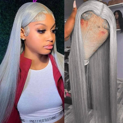 13X4 Straight Hd Lace Frontal Wig Silver Grey Straight  Lace Front Wig Remy Brazilian Bone Straight Human Hair Wigs For Women