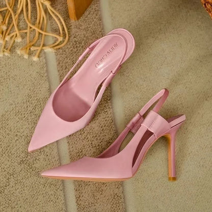 2025 New Fairy Pink Womens High Heel Sandals Pointed Toe Shallow Mouth Soft Leather Heels Ladies Fashion Banquet Versatile Shoes