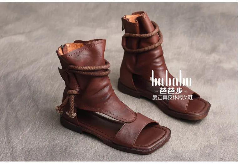 Birkuir High Top Open Toe Sandals For Women Summer Boots Luxury Hollow Out Beach Sandals Genuine Leather Flats Shoes Ladies