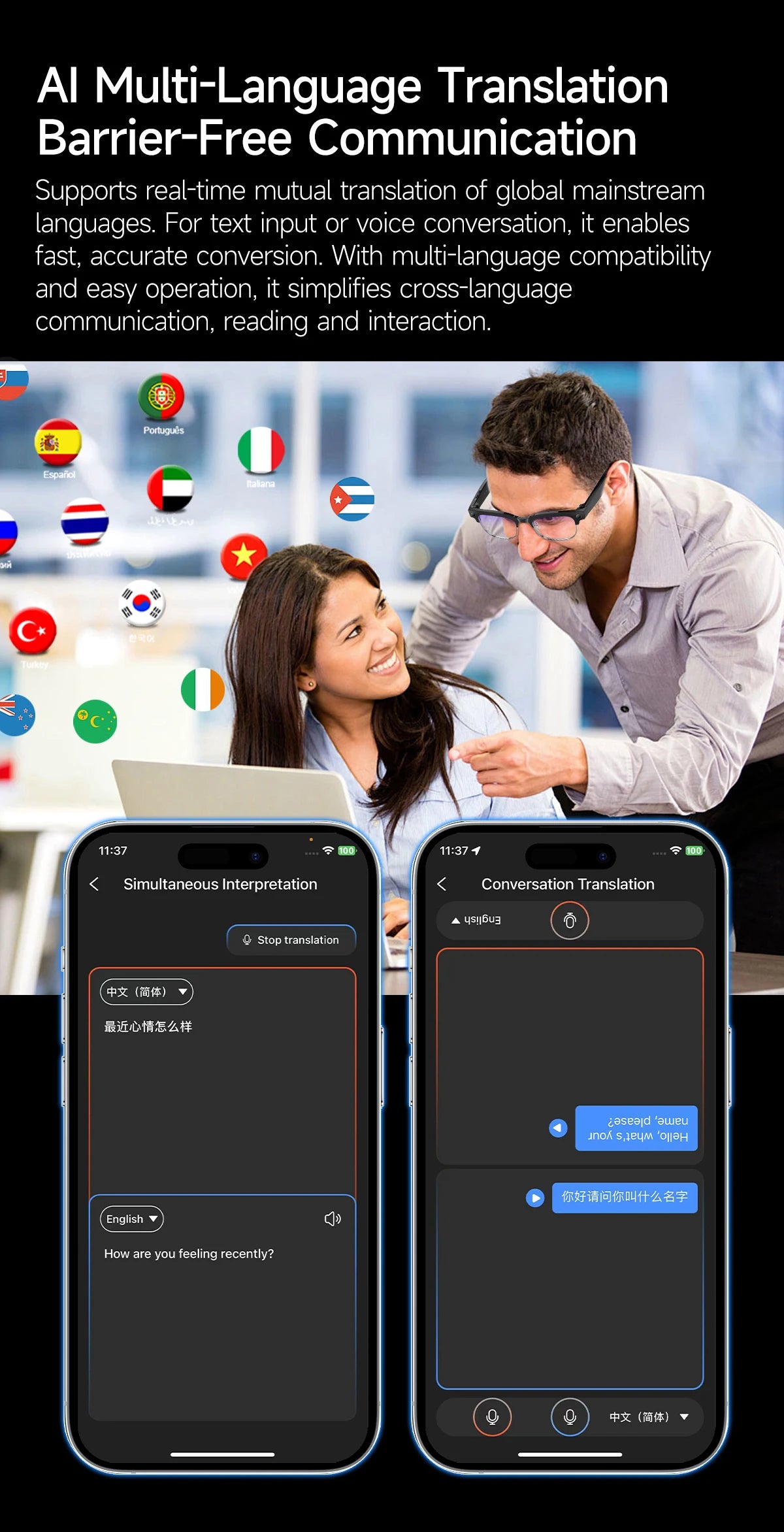 New 1200P HD Smart Glasses With 800W Ultra-Wide Camera Video Recording 4GB AI Photo Recognition Bluetooth Call Translation Voice