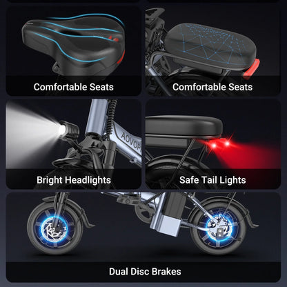 AOVOPRO 14'' EB60 Foldable Electric Bike 500W 48V 10.4AH Battery 22MPH Max Speed 28Miles Long Range with Two Seats for Adult