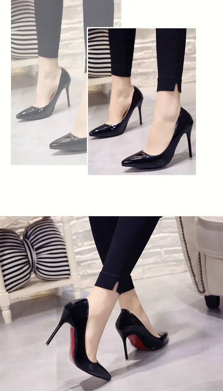 Nude Pumps for Women High Heel Shoes Female Fashion Patent Leather Sexy Pointed Toe Thin Heel Wedding Shoes Plus Size 34-44