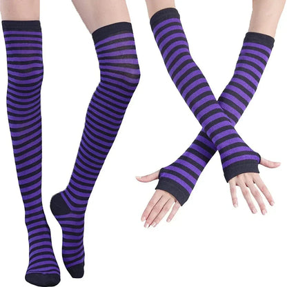 TRALOW Womens Socks Striped Knee High Socks Arm Warmer Fingerless Gloves Set Costume Accessories for Cosplay Christmas Punk