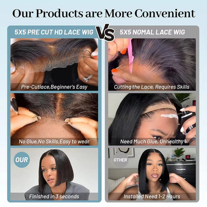 Glueless Wigs Human Hair Pre Plucked Pre Cut Wear and Go 5X5 HD Lace Closure Bob Wig Straight Short Bob Wig Human Hair for Women