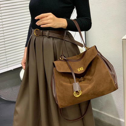 Luxury Brand Women Messenger Bags Soft Leather Brown Suede Hand Held Totes Gold Buckle Women Shoulder Bags Lady Trend Satchel