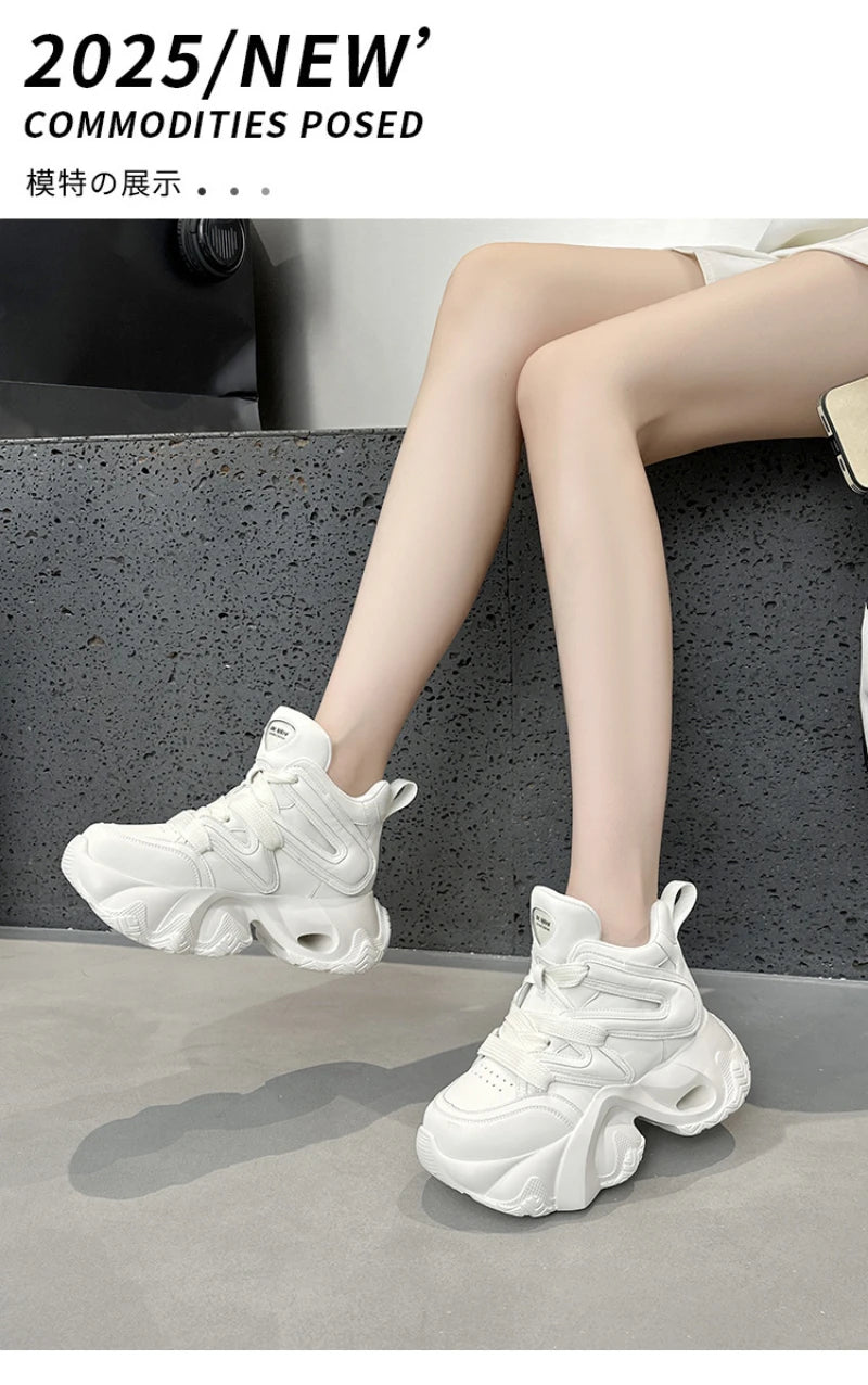 Chunky Platform Hidden Height Increasing Sneakers Casual Lace Up Shoes In White And Grey With Hollow Out Design For Streetwear
