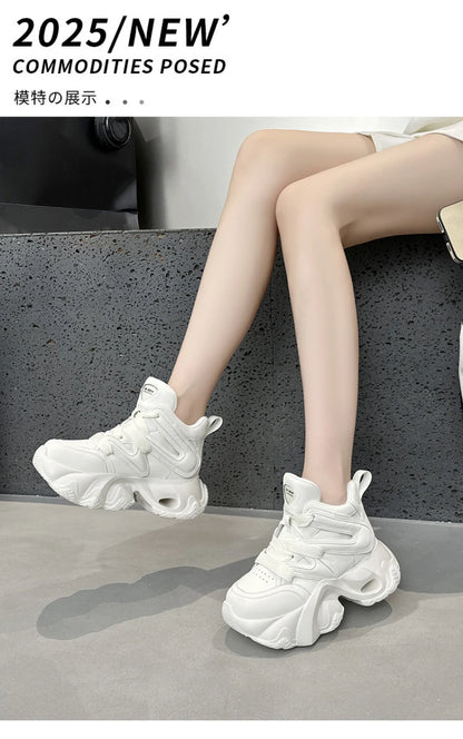 Chunky Platform Hidden Height Increasing Sneakers Casual Lace Up Shoes In White And Grey With Hollow Out Design For Streetwear