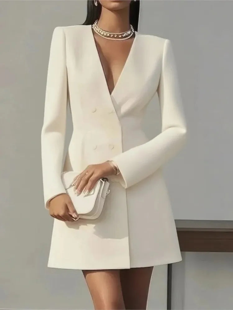 Women's Fashion Solid Button Blazer Short Dresses Autumn Winter Sexy V-neck Party Dress  Office Ladies Long Sleeve Slim Dress