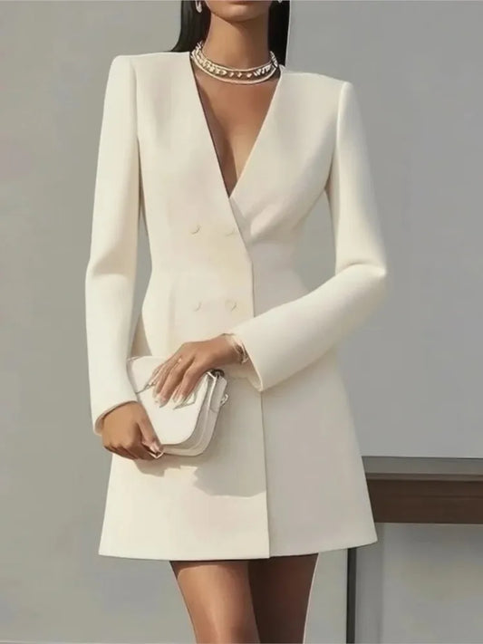 Women's Fashion Solid Button Blazer Short Dresses Autumn Winter Sexy V-neck Party Dress  Office Ladies Long Sleeve Slim Dress