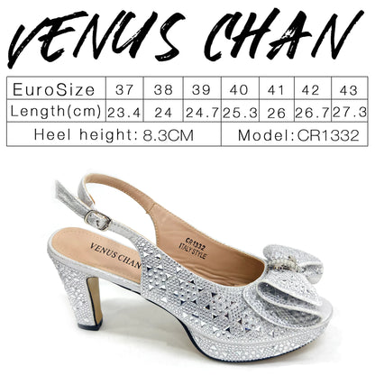 Venus Chan 2026 Women’s Italian Gold High Heels with Rhinestone Detail & Matching Bag Set - Stylish Pointed Toe Design