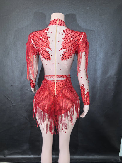 Rhinestones Women DanceCostume Fringes One Shoulder Bodysuit  Sexy Skinny Leotard Singer Dancer Show StageWear Sparkly Blue