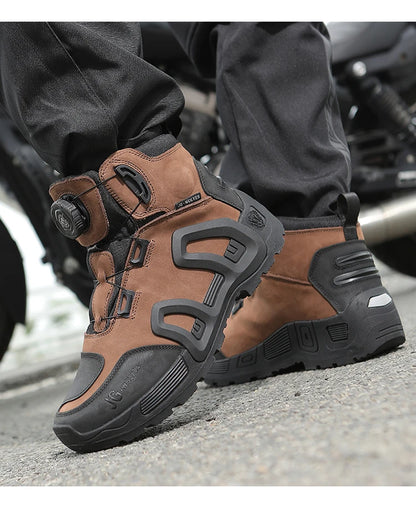 Men Motorcycle Riding Boots Waterproof Cowhide Leather Breathable Anti-Slip Wear-Resistant Street Moto Shoes