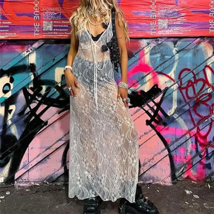 y2k Clothing Women's Sexy See-Through Lace Floral Sheer Tank Dress Summer  Sleeveless V Neck Cover-up Long Dress Streetwear