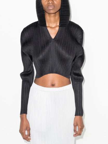 Miyake Pleated Long Sleeved Short Cropped Hoodie Black Tops