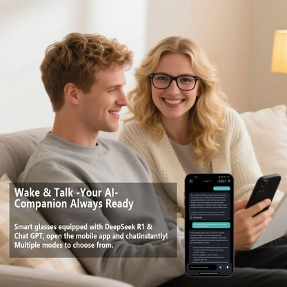 Smart AI translation glasses, real-time app translation in 164 languages, photochromic lenses, flat gray-black lenses.