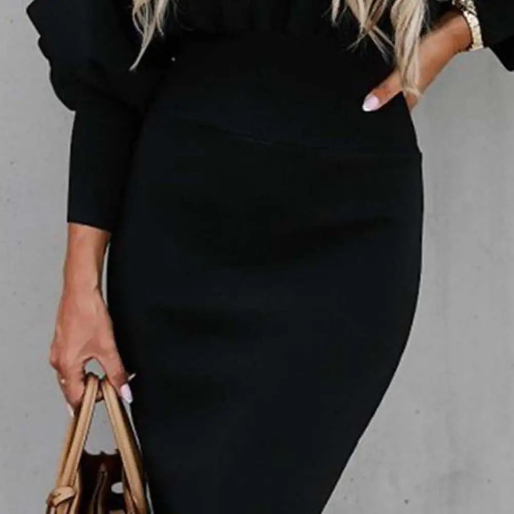 Women Autumn Dress Crew Neck Elegant Lantern Sleeve High Waist Women Bodycorn Dress Autumn Winter Office Ladies Midi Dress