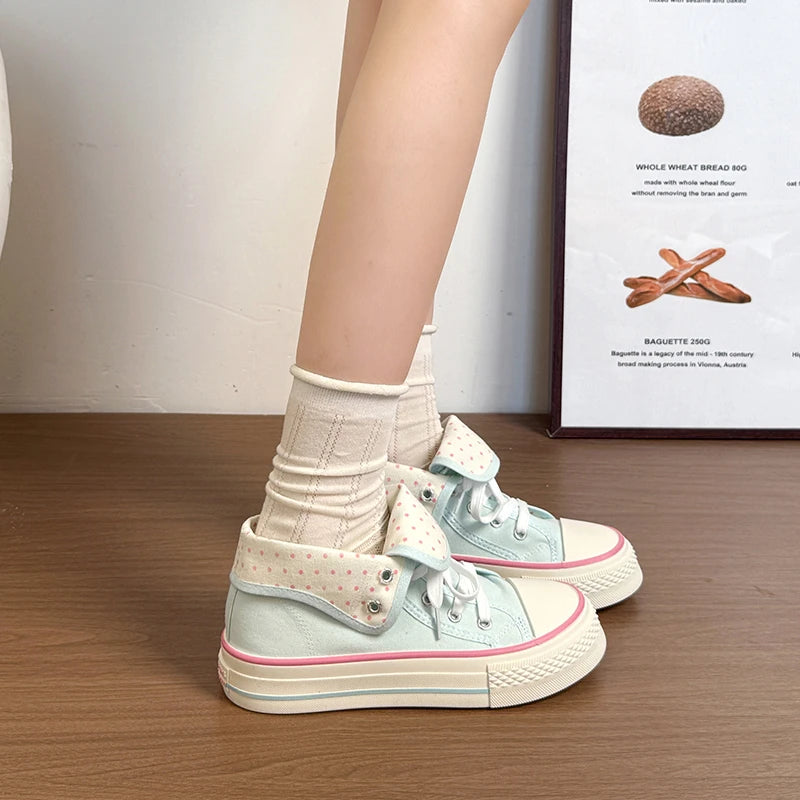 New High Help Canvas Shoes Dots Women's Casual Shoes Woman Vulcanize Sneakers Comfortable Sport Walking Platform Flats Shoes 015