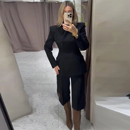 Elegant Solid Women's Blazer Trouser Suits Lapel Single-Breasted Wide Leg Pants Lady Set 2026 Spring 2 Pieces Set Women